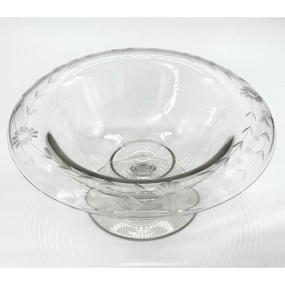 Vintage Etched Glass Pedestal Compote Bowl With Floral Design Clear Glass